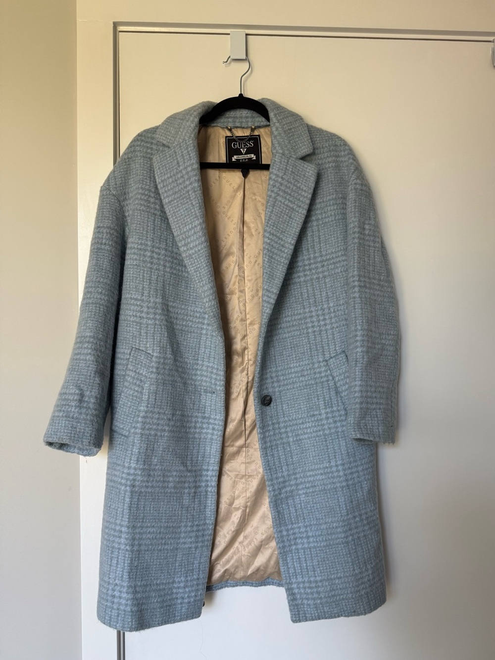 GUESS Pale Blue Plaid Wool-Blend Overcoat